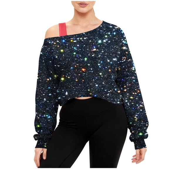 UQJfacai Womens Off Shoulder Sweatshirt Drop Shoulder Oversized Long Sleeve Cropped Pullover Top Glitter Print Patchwork Sweater S-2XL