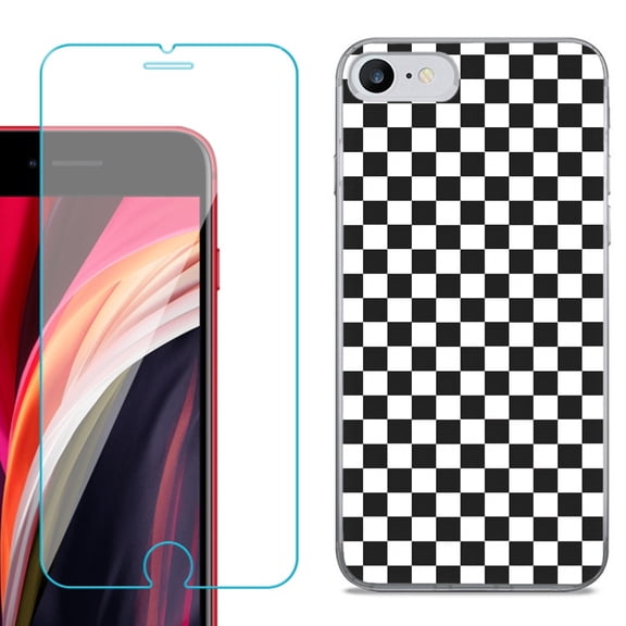 Slim-Fit Fashion Gel Phone Case for iPhone SE 2022, with Tempered Glass Screen Protector, by OneToughShield ® - Checker B/W