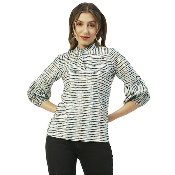 Moomaya Printed Womens Cotton Top, Mandarin Casual Long Sleeves Summer Wear Formal Top