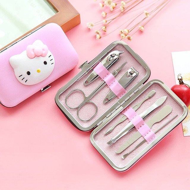 Juego de Tijeras para uñas Hello Kitty, herramientas profesionales de pedicura para el hogar, de acero inoxidable, 7 unidades