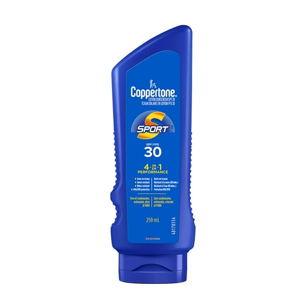 Coppertone Sport Sunscreen Lotion SPF 30, 4-in-1 Performance, Sweat and Water Resistant Face and Body Sunscreen, 259mL