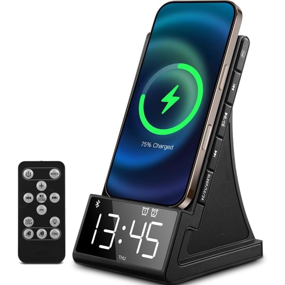 8-in-1 Wireless Charging Station with Bluetooth Speaker, Alarm Clock, FM Radio & Remote Control - Fast Charging Dock Compatible with iPhone 17/16/15/14, Samsung S25/S24, Android Phones