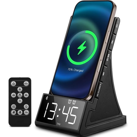 8-in-1 Wireless Charging Station with Bluetooth Speaker, Alarm Clock, FM Radio & Remote Control - Fast Charging Dock Compatible with iPhone 17/16/15/14, Samsung S25/S24, Android Phones