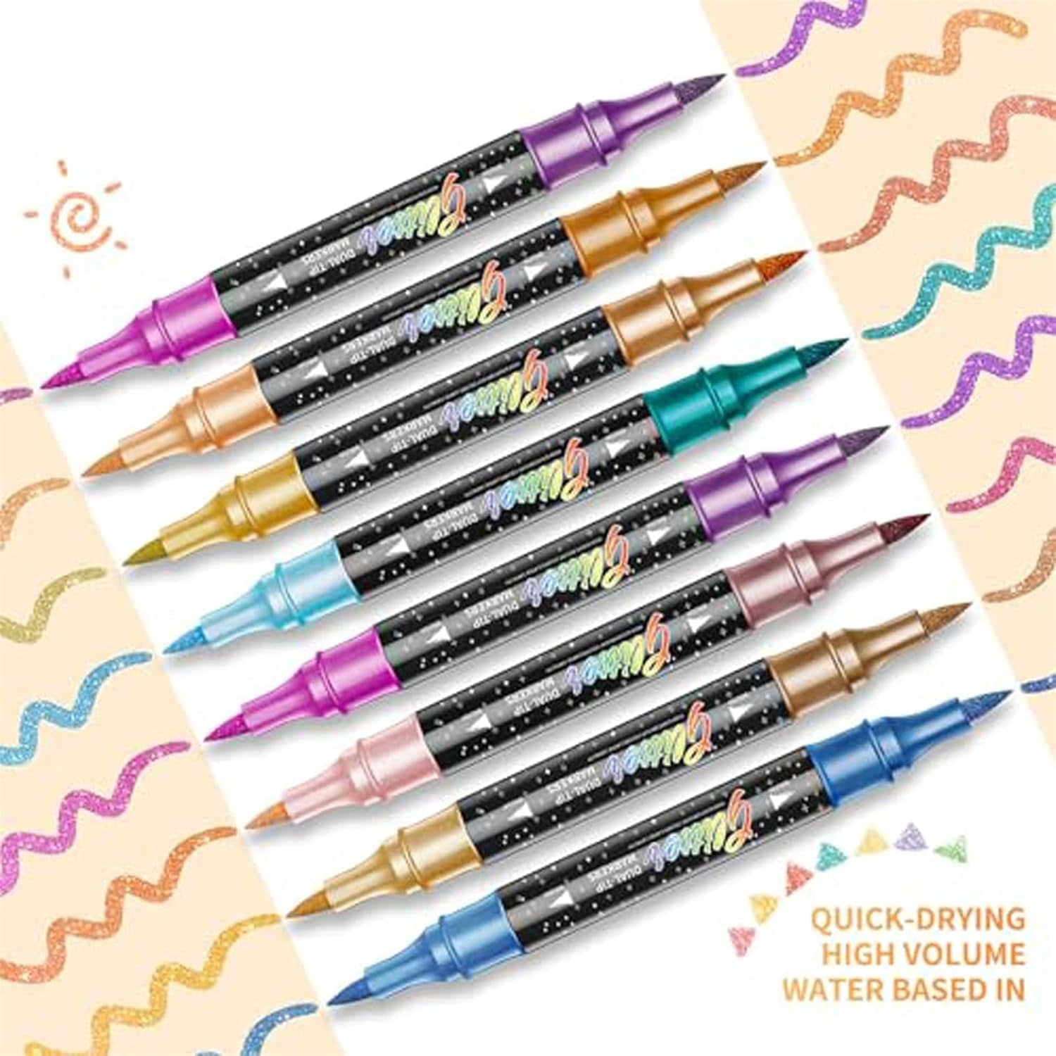 Glitter Effect Brush Marker, Dual Tip Sparkly Paint Pens, No Bleed Adult Coloring Book Markers for Scrapbooking and DIY Crafts