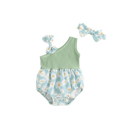 

ESASSALY Baby Girl Summer Jumpsuit Floral Print Patchwork Romper and Headband