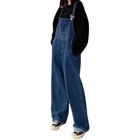 JFGHDG Overalls for Women Denim Jumpsuits Adjustable Strap Baggy Wide Leg Jean Overalls with Pockets Dark Blue S