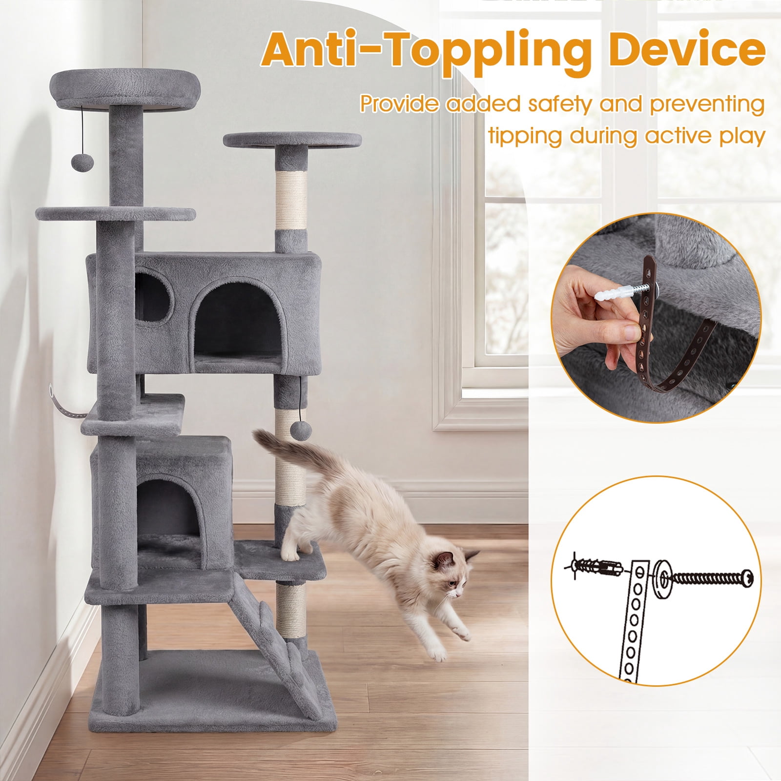 Gymax 52'' Tall Cat Tree Tower w/2 Condos Plush Padded Perch Sisal Scratching Posts Light Gray