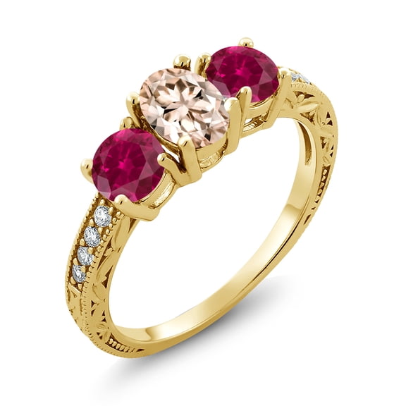 Gem Stone King 2.77 Ct Oval Peach Morganite Red Created Ruby 18K Yellow Gold Plated Silver Moissanite Ring (Size 5)