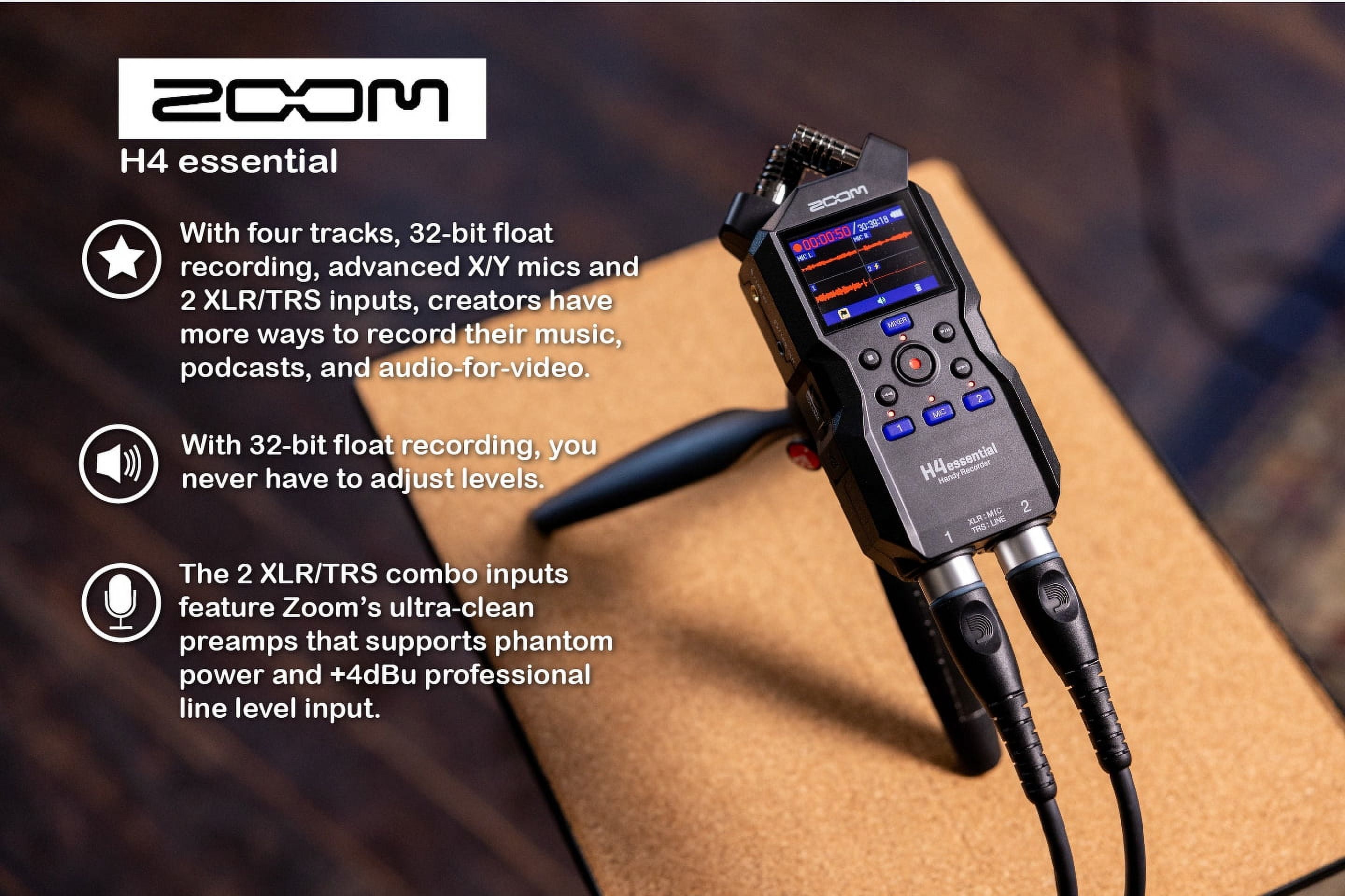 Zoom H4essential 4-Track Handy Recorder Bundle with 2x Zoom ZDM-1 Podcast Dynamic Microphone, ZHP-1 Headphones, TPS-4 Tripod, Windscreen, XLR Cable