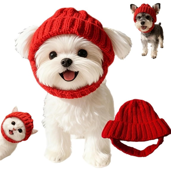 Red Knit Dog Beanie with Ear Flaps | Warm Winter & Christmas Hat for Small Dogs & Cats, Machine Washable Cute Pet Accessory