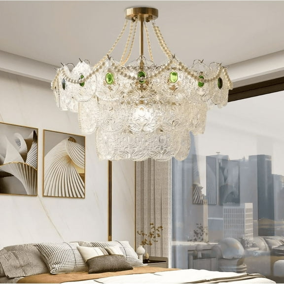 FINE MAKER Modern Crystal Chandeliers, 23.6 Inch Gold Luxury Pendant Light, 3-Tier Crystal French Hanging Ceiling Lamp Fixture for Entryway Bedroom