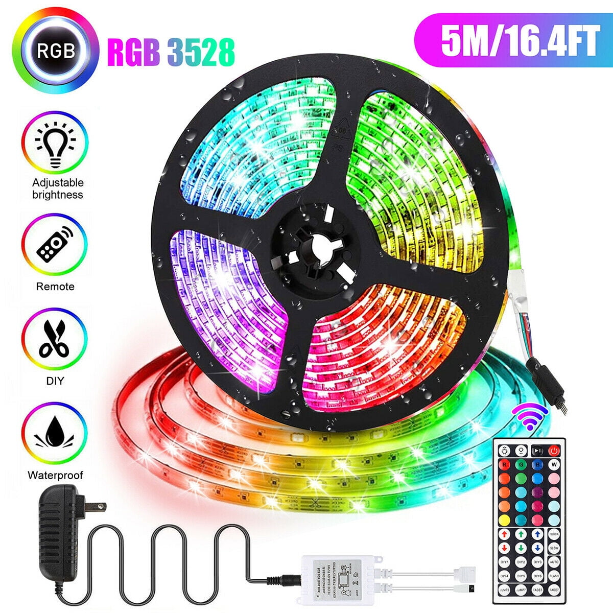 16.4ft 5M RGB Waterproof 300 LED 3528 SMD Flexible Strip Light g 70 