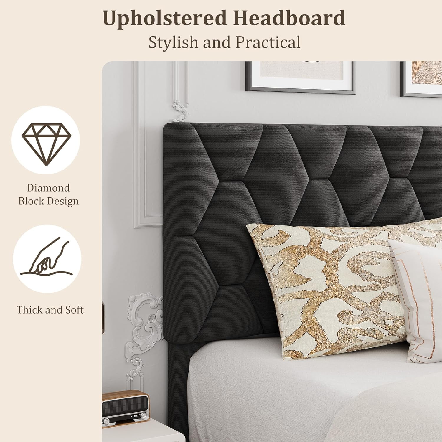 King Size Platform Bed Frame with Upholstered Headboard and Wooden Slats Support, Upholstered Mattress Foundation/No Box Spring Needed/Easy Assembly, Grey
