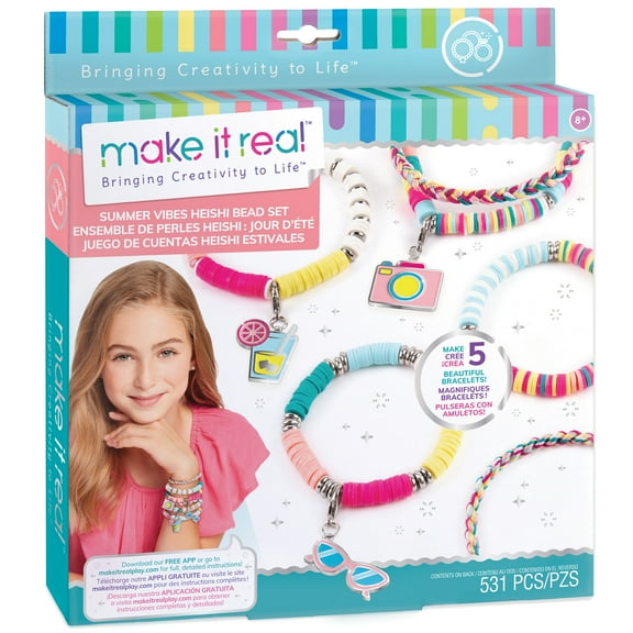 Make It Real: Summer Vibes Heishi Bead Set - Create 5 Unique Cord Charm Bracelets, 531 Pieces, Includes Play Tray, All-In-One, DIY Charm & Bead Jewelry Kit, Tweens & Girls, Arts & Crafts, Kids Ages 8 