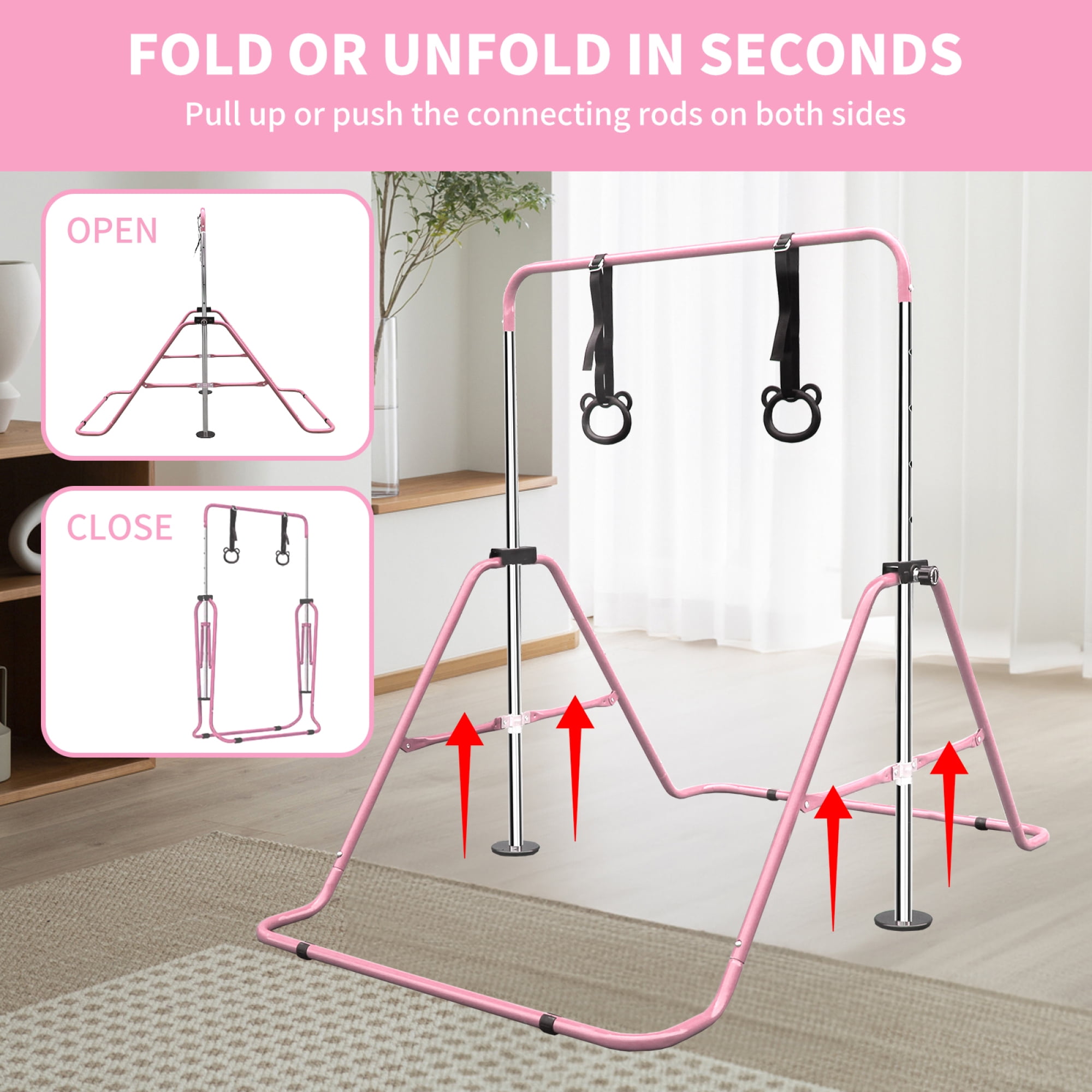 Gymnastics Bar for Kids,Adjustable Height Gymnastic Horizontal Bars with Bear Rings,Folding Junior Training Kip Bar for Kid Gymnasts, Child, Girl, Boy,Pink