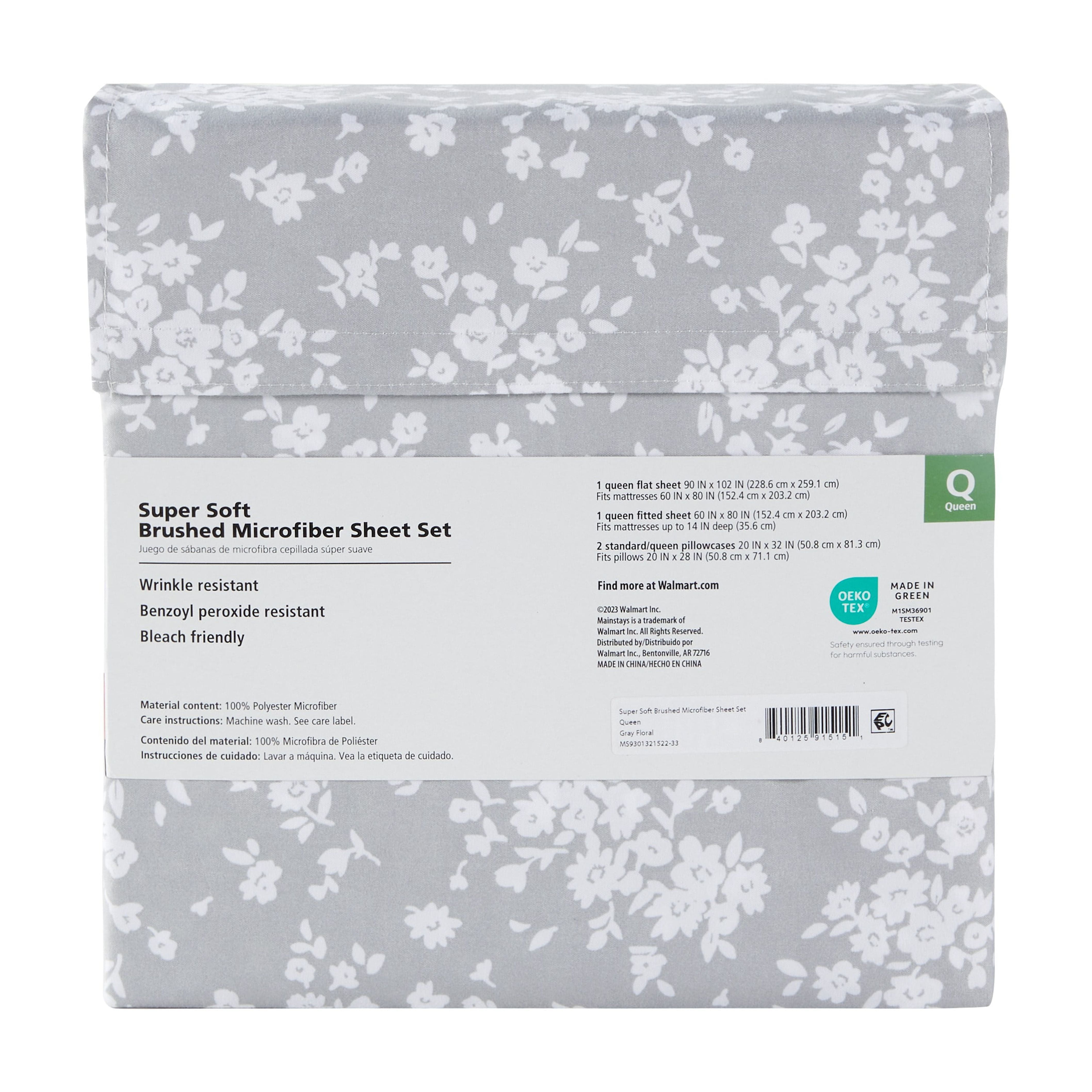 Mainstays Super Soft High Quality Brushed Microfiber Bed Sheet Set, Twin-XL, Gray Floral, 3 Piece