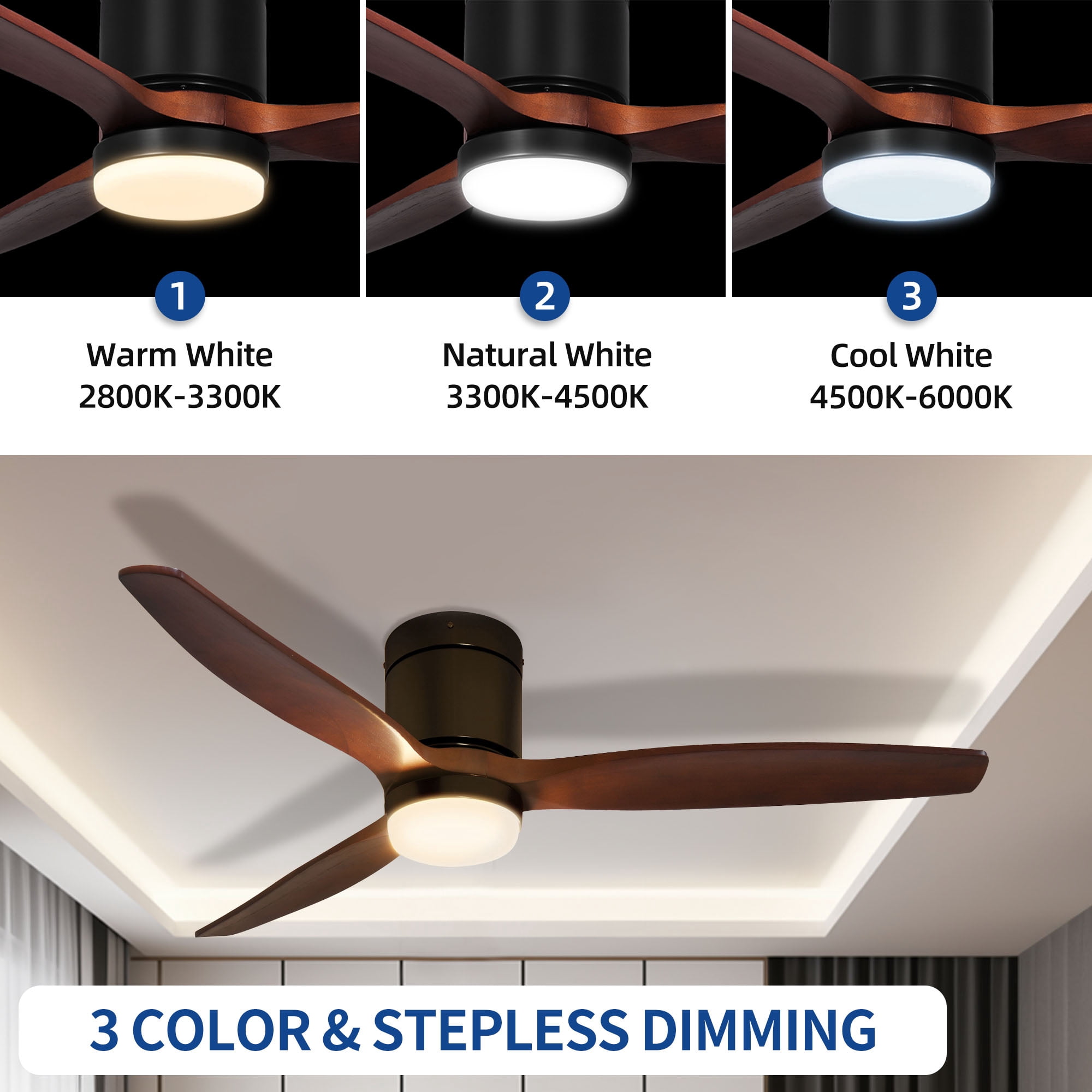 Dextrus 52 Inch Ceiling Fan with Light and Remote, Wall Control Flush Mount Fan Light with 6 Speed, 3 Blades,Reversible Airflow - Black & Walnut