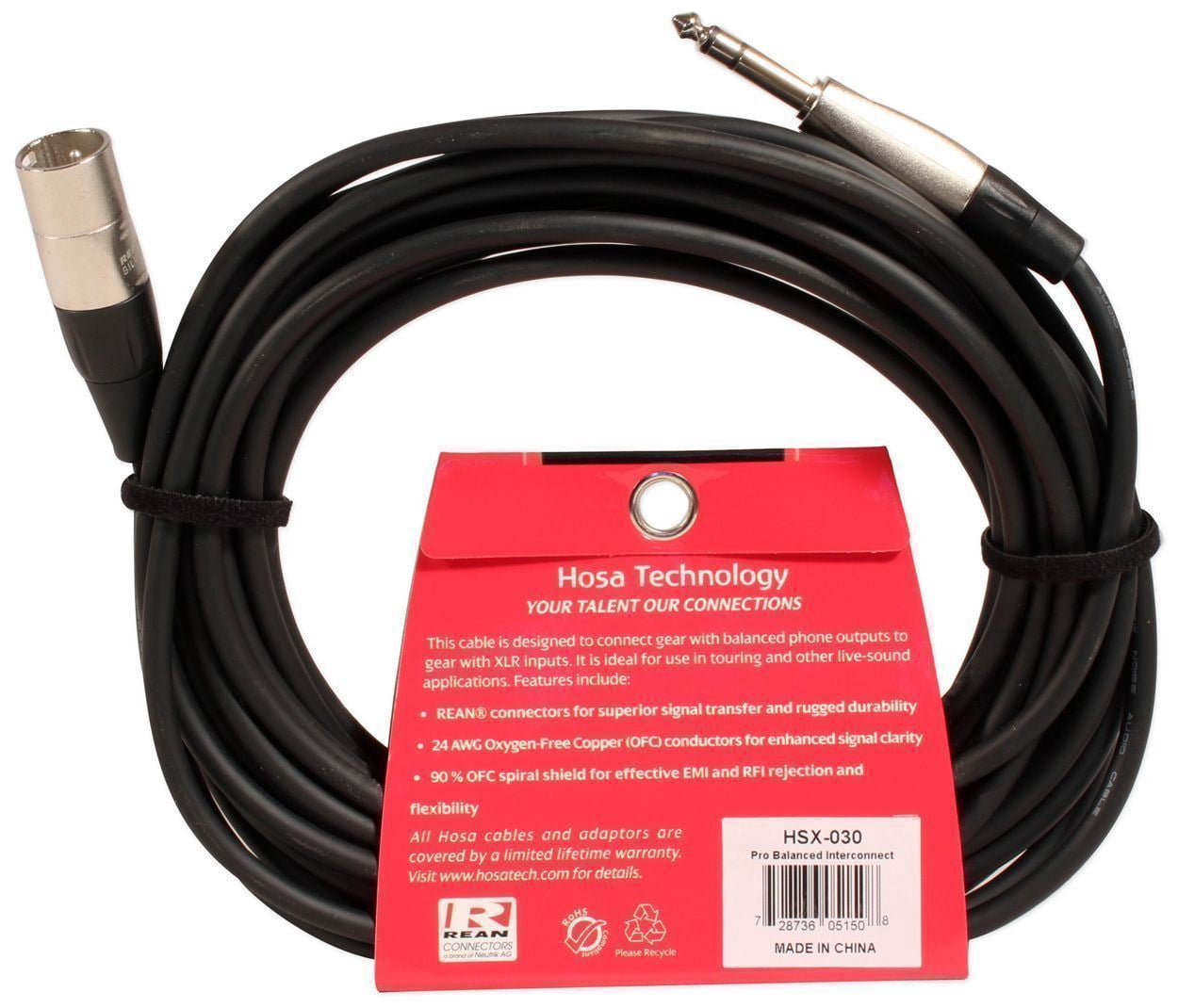 Hosa Technology Balanced 1/4" TRS Male to 3-Pin XLR Male Audio Cable, 30'