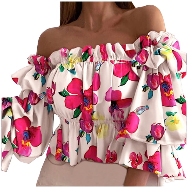 Pompotops Ladies Summer Fashion Sexy One-Shoulder Three-Quarter Sleeve Print Chiffon Top