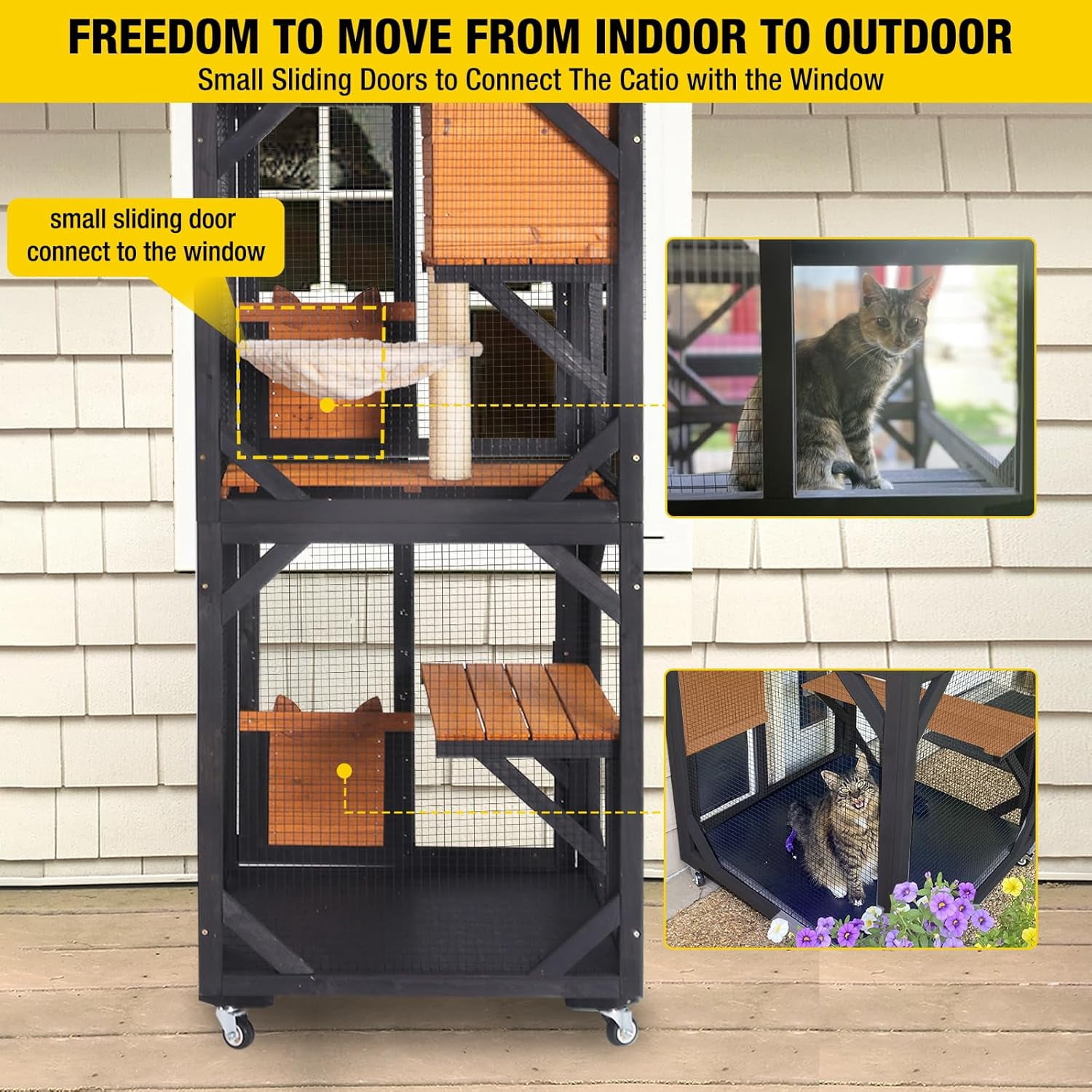 Aivituvin Cat House Window Catio Outdoor Cat Enclosure Mobile Kitty Shelter on Wheels Pet Cage with Resting Box, Hammocks, Waterproof Cover