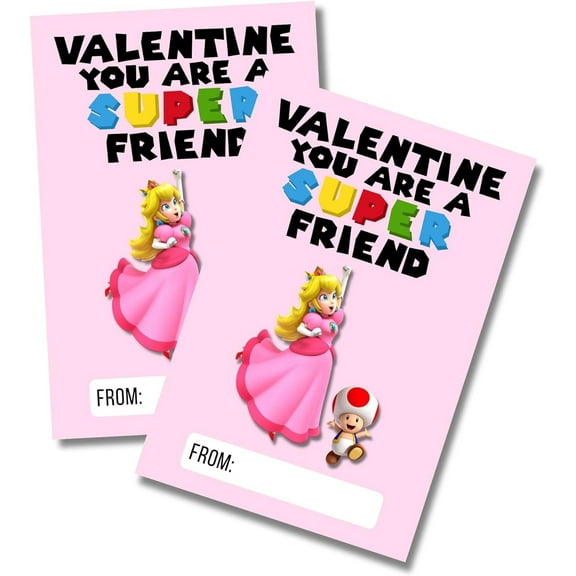 Lashicorn Super Valentines Day Class Cards  30 pk 4x6 Peach Game Characters Bros Gamer Boys Girls Valentine for School Princess Mari