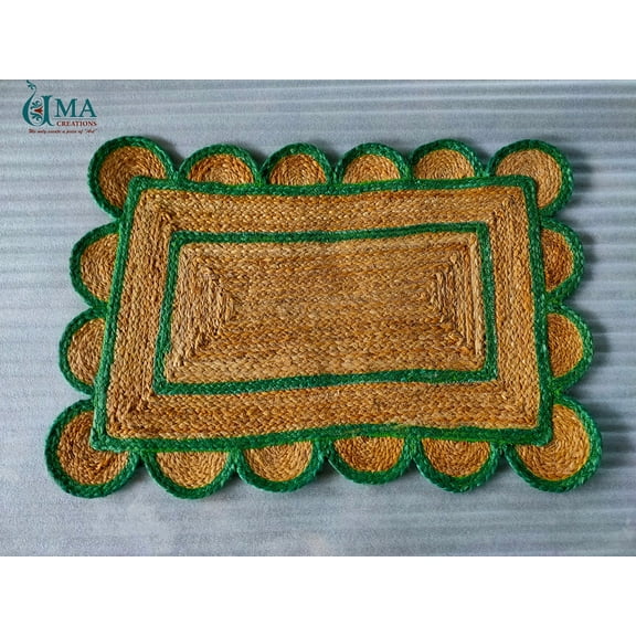 2x3 Scalloped Jute Doormat Rug , Scallop Rag Rug Doormat with Green Outlines