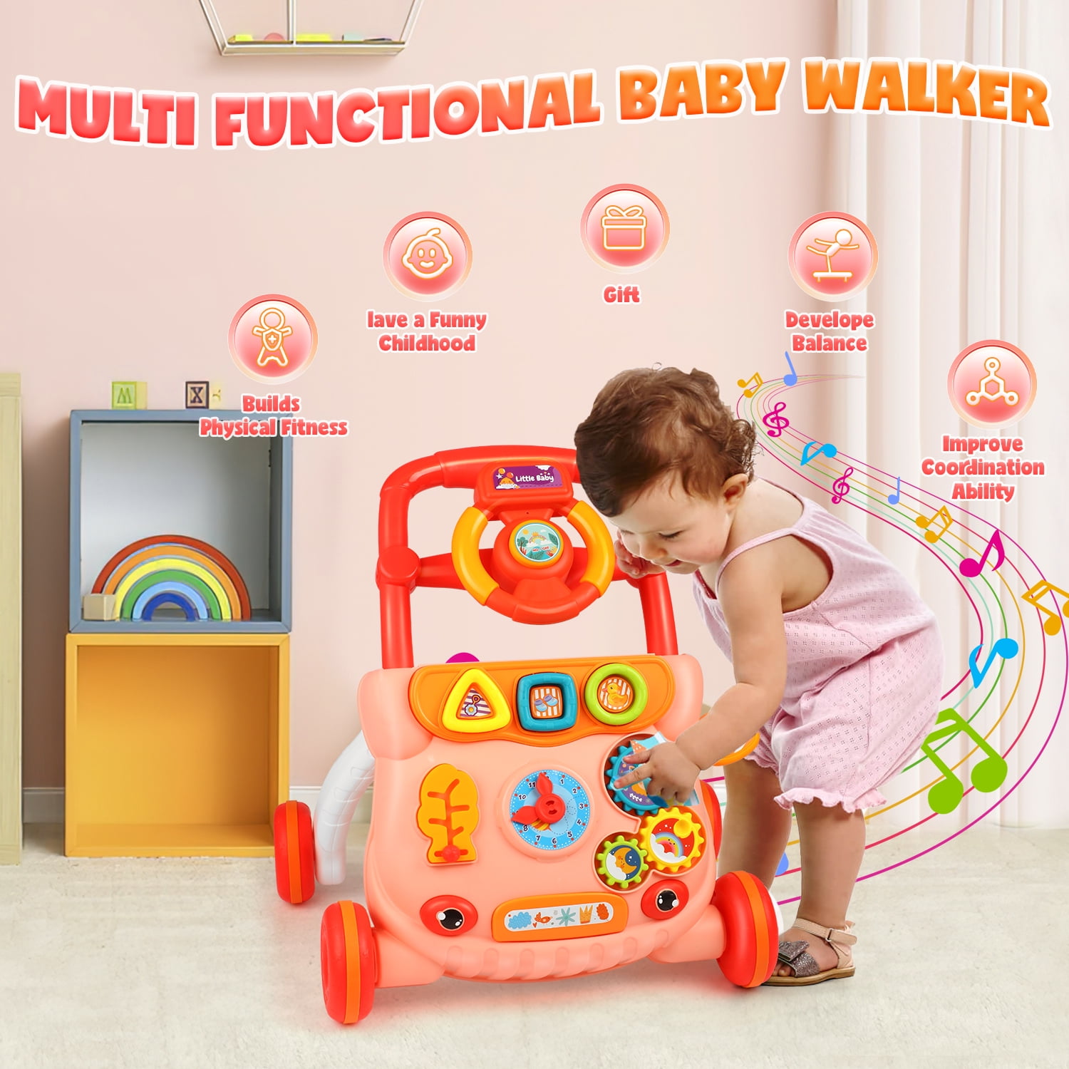 Huge Wave Baby Push Walker Toys, Sit to Stand Early Learning Walker with Activity Center, Baby Push Walker Toy Gift for 6-12 12-18 Months, Red