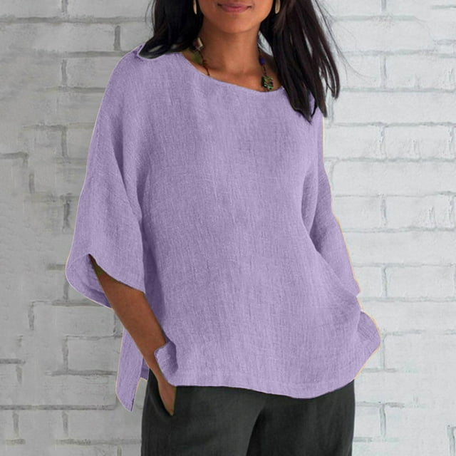 Fiudx Ofertas Flash Del Día Solo En Línea Blusa Holgada con Cuello Redondo y Mangas Recortadas a La Moda de Verano para Mujer