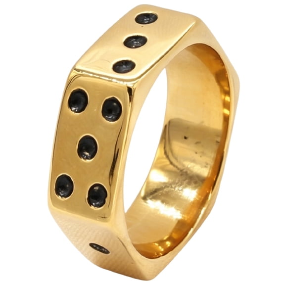 PAMTIER Men's Stainless Steel Hexagon Dice Rings Unique Polished Band with Black Dot Inlay, Lucky style Statement Jewelry for Daily Wear Gold Size 10