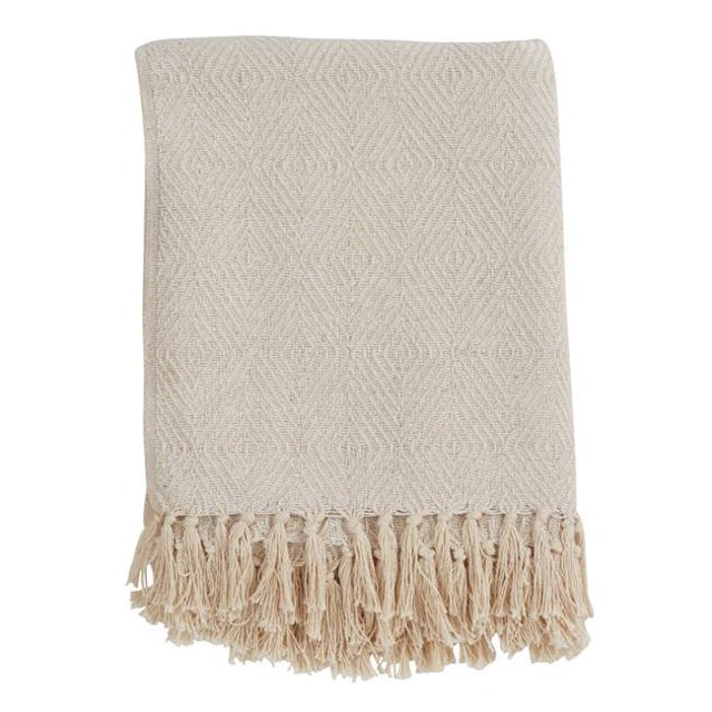 SARO TH258.I5060 Cotton Throw Blanket with Diamond Weave Design Ivory