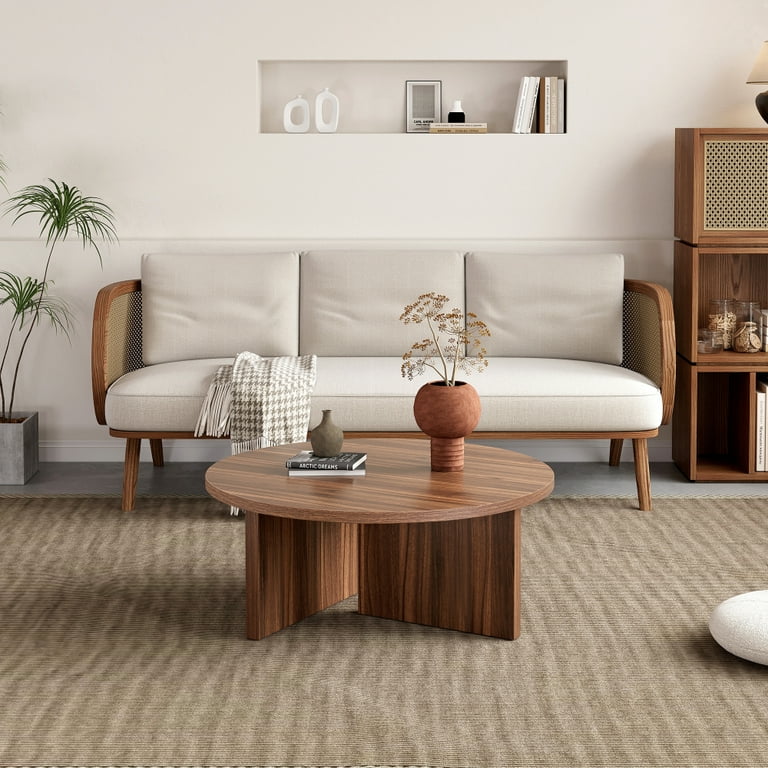 Gzxs Coffee Table in Walnut Finish, 31.5 Inch Accent Round Center