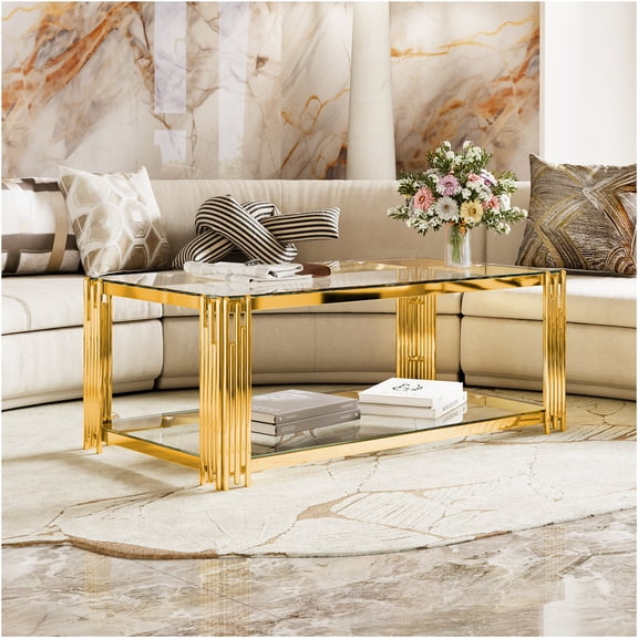 JERFIT 47.5 Inch Modern Gold Coffee Table with Tempered Glass Top and Lower Shelf, Asymmetrical Metal Frame, Rectangular Living Room Center Table
