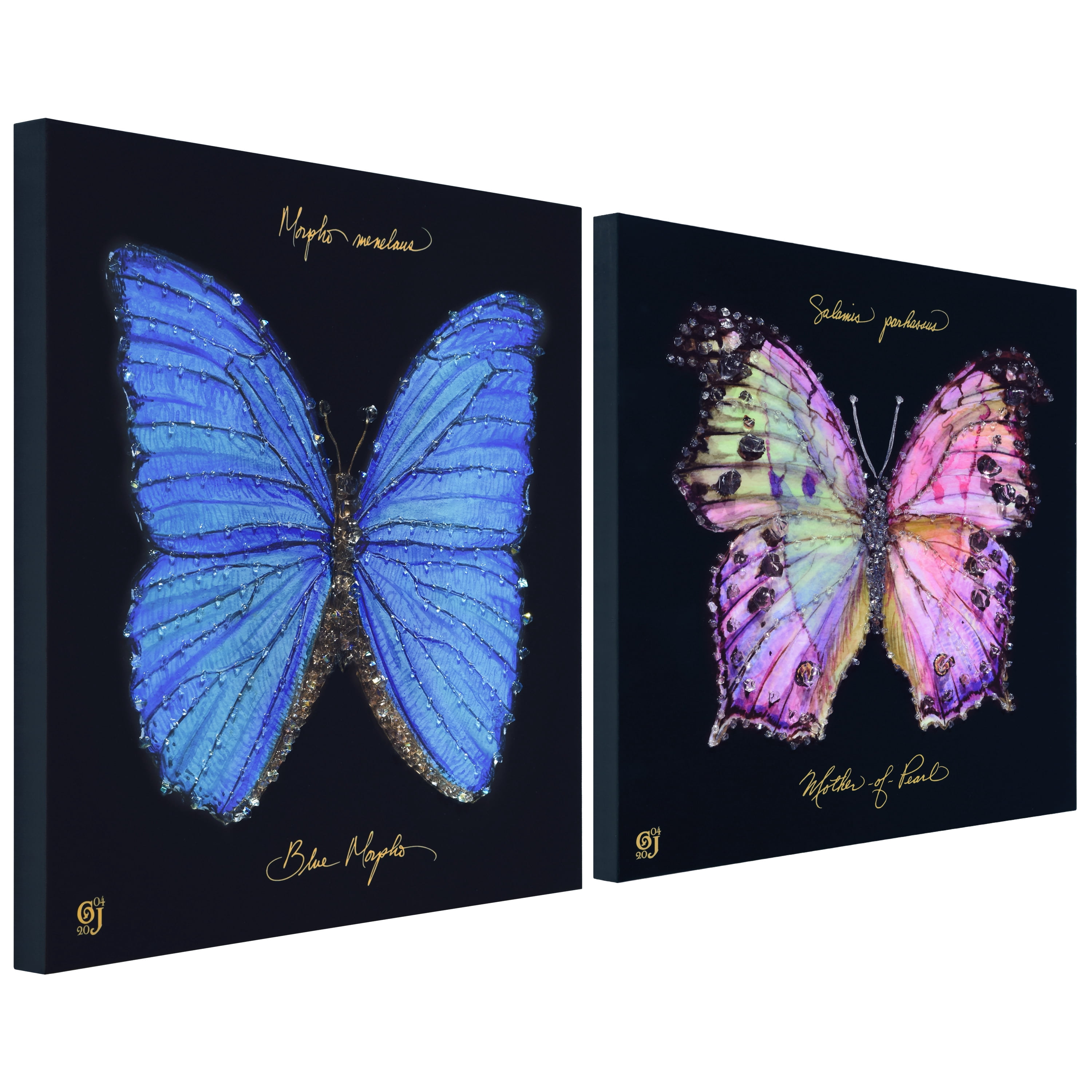 "Monarch Elegance Set" Crystallus Epoxy Coated Wrapped Glossy Butterfly Canvas Wall Art with Heavy Acrylic Crystal Shards Embellishments, Gold Foil Accents