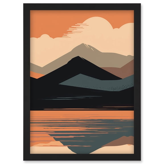 Mountain Hills Reflection in Lake Boho Landscape Artwork Framed Wall Art Print A4
