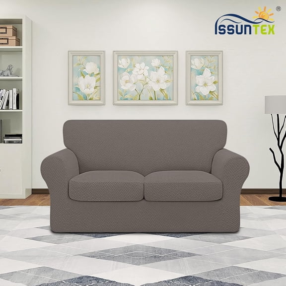 ISSUNTEX 3 Pieces High Stretch Thicken Loveseat Couch Covers, Soft Sofa Slipcover for 2 Separate Cushion Couch, Jacquard Fabric Elastic Sofa Cover Furniture Protector for Dogs (Loveseat, Taupe)