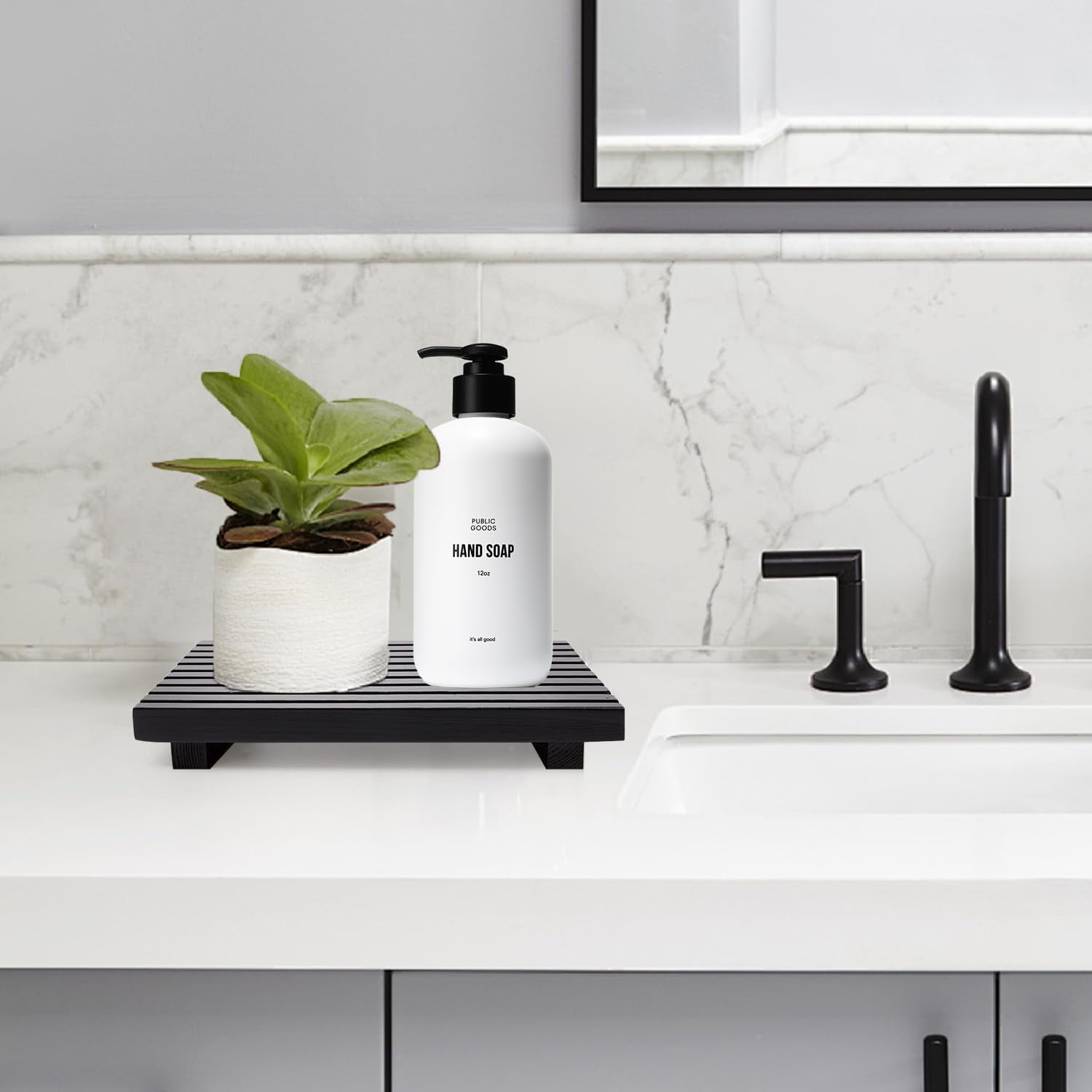 Black Wooden Bathroom Vanity Tray, Farmhouse Countertop Organizer & Riser Stand for Kitchen Sink, Soap Dispenser Holder & Home Decor