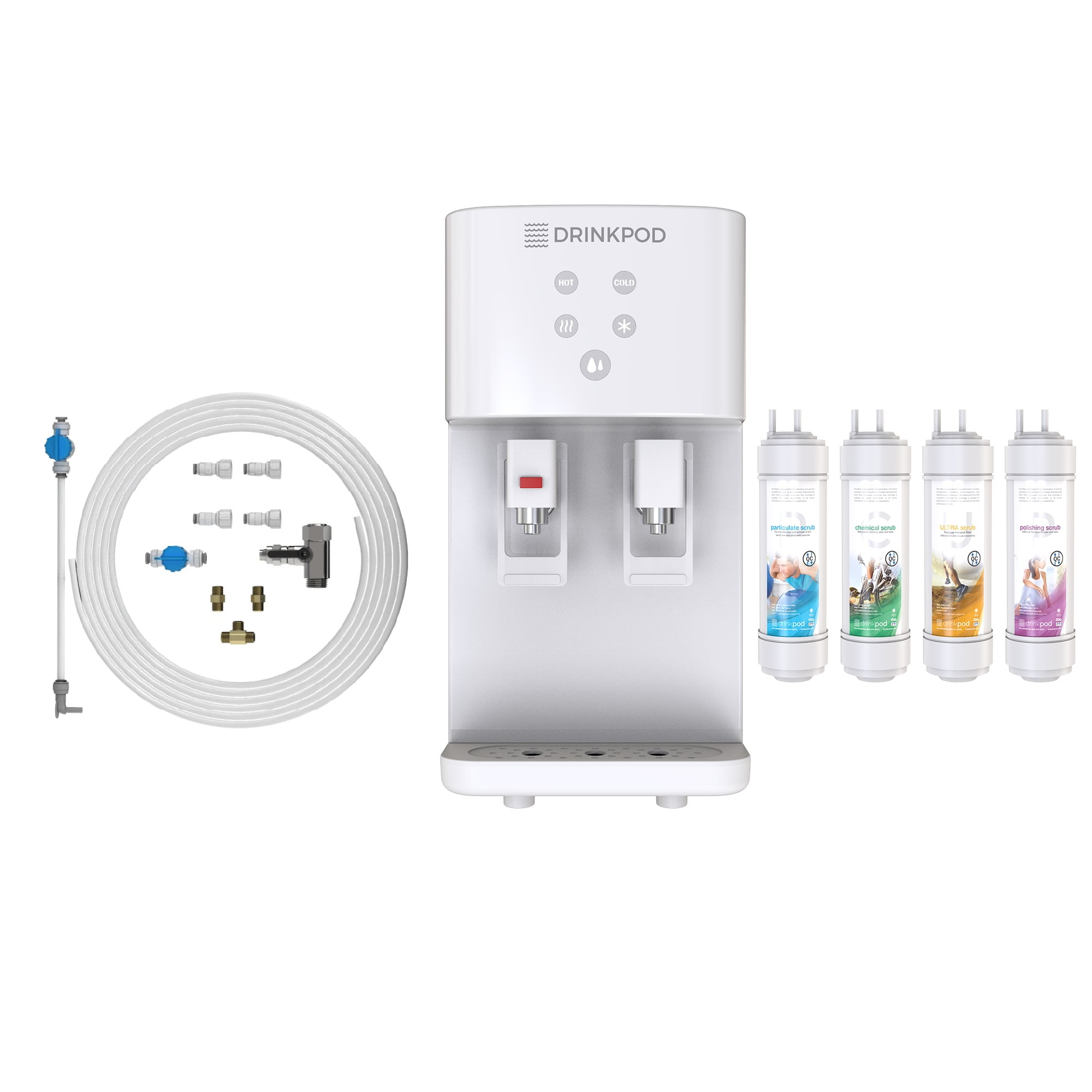 Drinkpod  2000 Series  Bottleless Hot & Cold Water Cooler Dispenser. 4 Filters, Installation Kit and Cafe Connect (White)