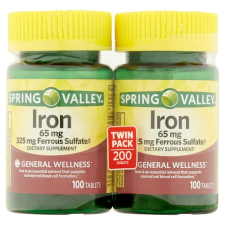 Spring Valley Iron Supplement Tablets, 65 mg, 100 Ct, 2 Pk