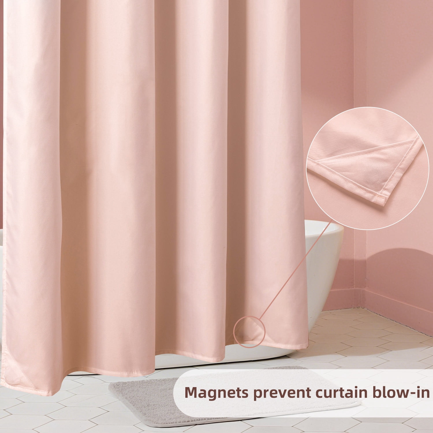 Yiannan Waterproof Fabric Shower Curtain Liner with 3 Magnets,Machine Washable，Mold Resitant,72x72inch,Blush Pink