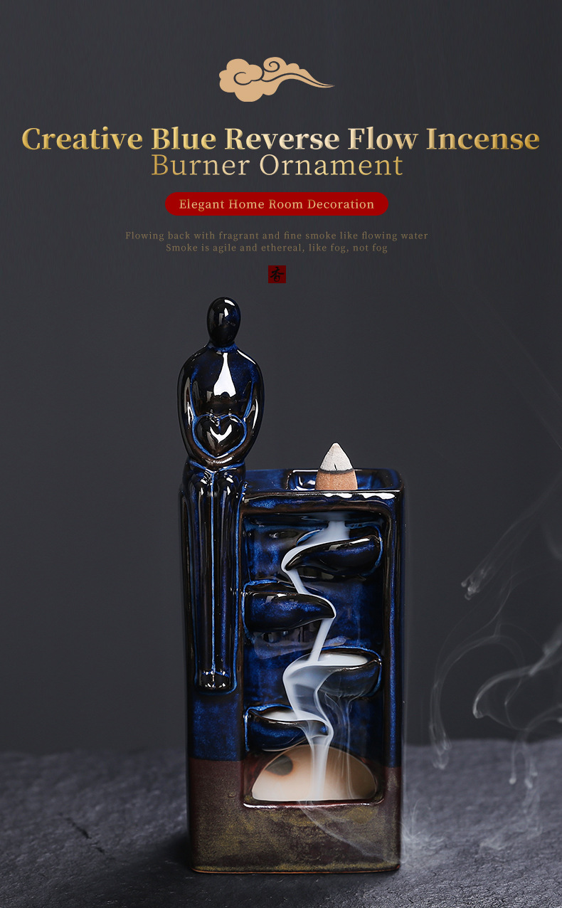 Statue Backflow Incense Holder Incense Burner Waterfall Aromatherapy Ornament Home Decor with Incense Cones and Incense Stick (Blue)
