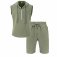 thumbnail image 4 of Mens 2 Piece Linen Outfits Sleeveless Hooded Tops Comfortable Shorts Workout Set Gym Tracksuit Sweatsuits Army Green XL, 4 of 5