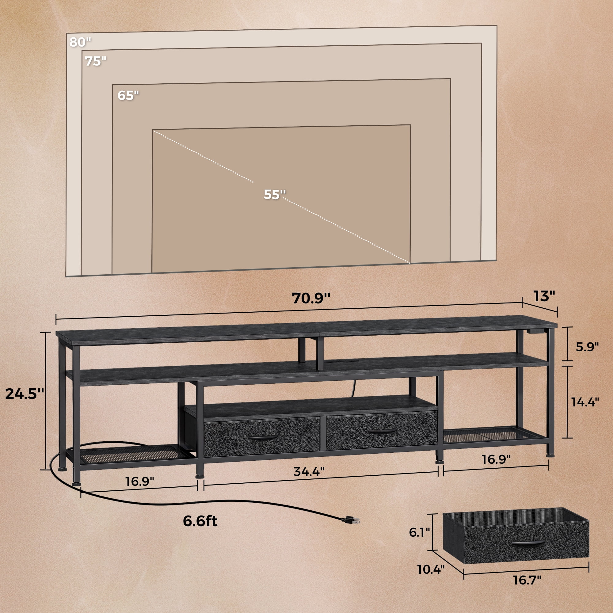 Amadwell 63" LED TV Stand for 75-80 Inch TVs, Entertainment Center with Power Outlets & Drawers, Rustic Brown