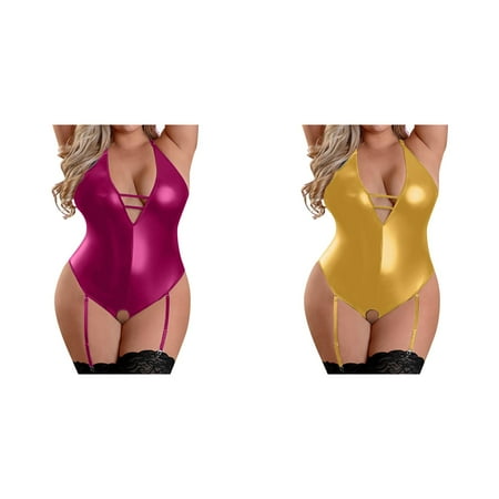 (2-Pack) Kcodviy for Women Plus Your Side of The Bed Sizr Leather Teddy Bodysuit Pin Up for Women Plus Size Cutout V Neck Lace Up Conjoined with Thong Set S