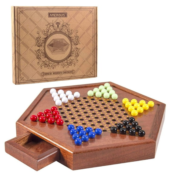 AMEROUS 125 inches Wooden chinese checkers Set with Storage Drawer - 60 Acrylic Marbles in 6 colors - 12 Bonus Spare Marbles, classic Strategy Family Board game for Kids and Adults