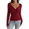 thumbnail image 2 of Women'S Long Sleeve Shirt V-Neck Buttons Ribbed Knit Slim Fit Casual Basic Spring Autumn Tops Wine Red XL, 2 of 9