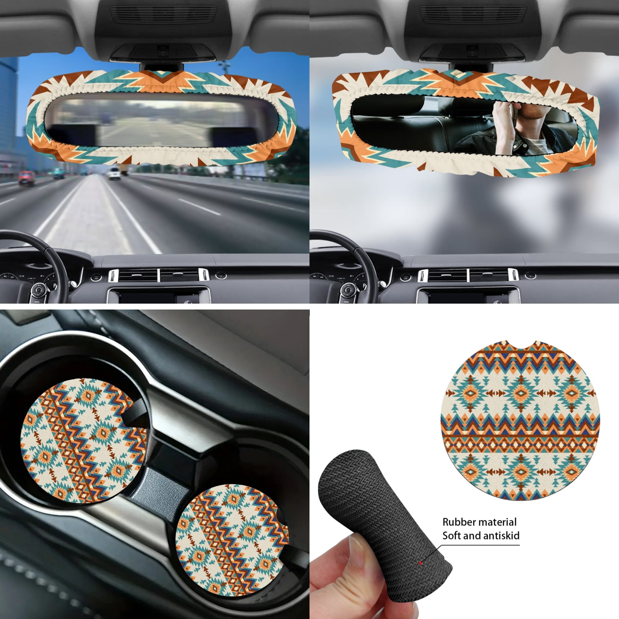Yuyamidu Aztec African Tribal Car Seat Covers Full Set with Steering Wheel Cover Seat Belt Pads Armrest Cover Handbrake Cover Set Trash Bag Auto Rear View Mirror Covers Cup Holders