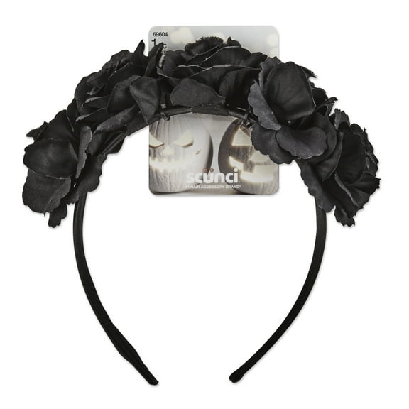Scunci Glamoween Fashion Headband, Halloween Rose Flower Crown, Black