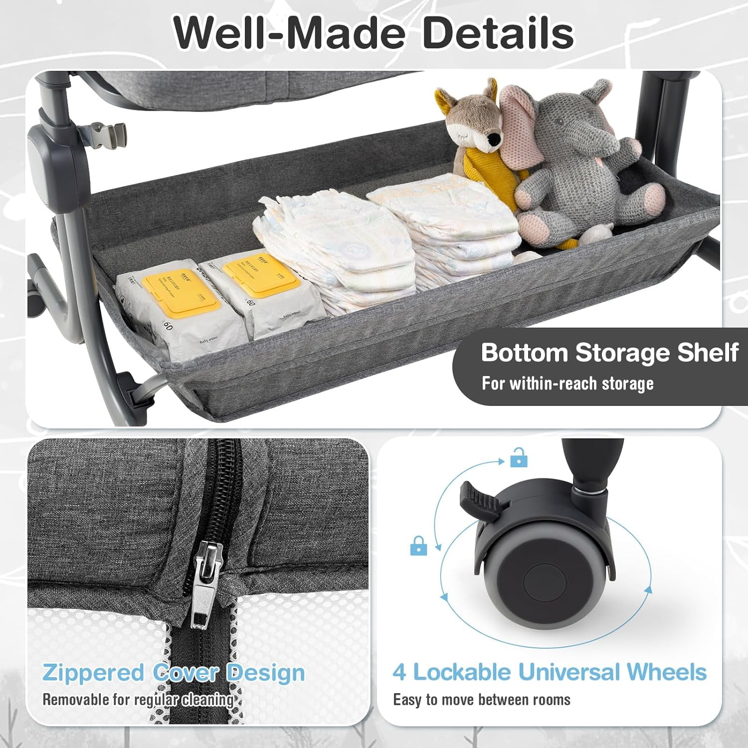 OLAKIDS 3-in-1 Baby Bassinet, Bedside Sleeper with Comfy Mattress, Wheels, 6-Height Adjustable, Storage Basket, Travel Bag, Portable Mesh Crib, Gray