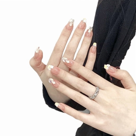 ADITYSHOP - Handmade Rustic White Diamond Blossom Press-On Nails Extra Small Super Short, Kit included