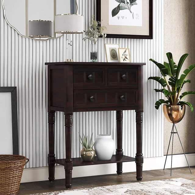Slim Antique Entry Console Table with Drawers & Bottom Open Shelf, Solid Wood Sofa Couch Table for Entryway Hallway Living Room (Espresso)